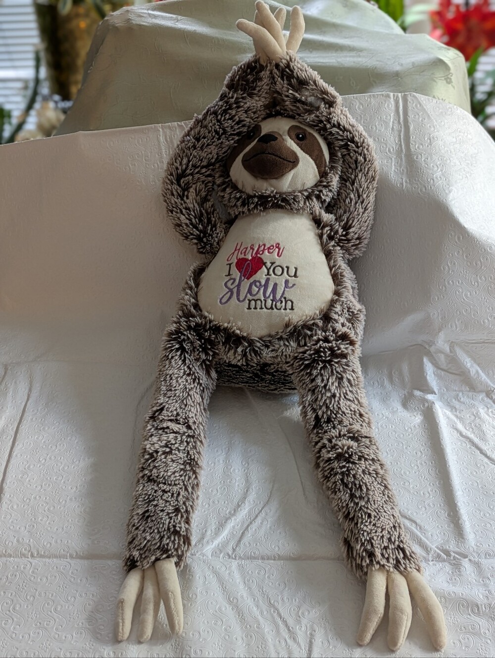 Personalized sloth brown/beige long legs stuffed animal 30 in tall